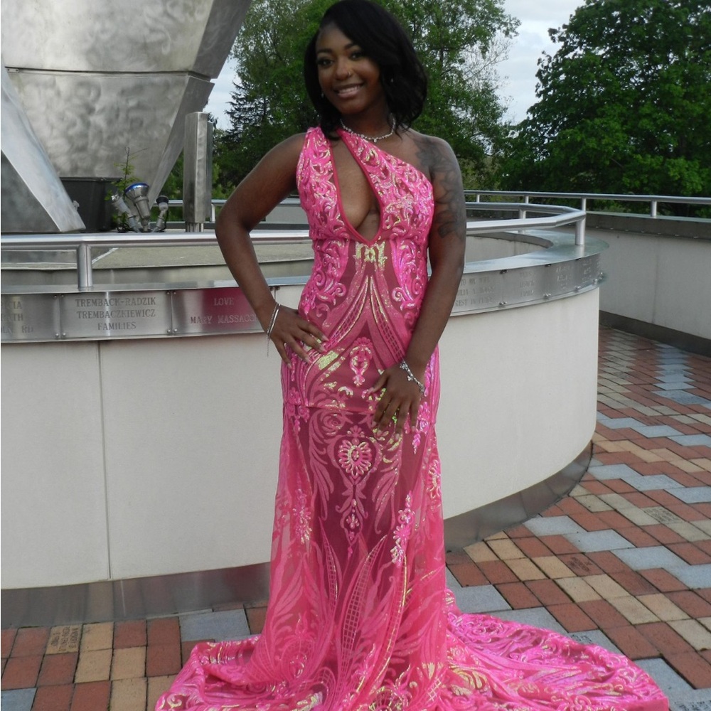 Macy's Hot Pink One-Shoulder Embellished Evening Gown